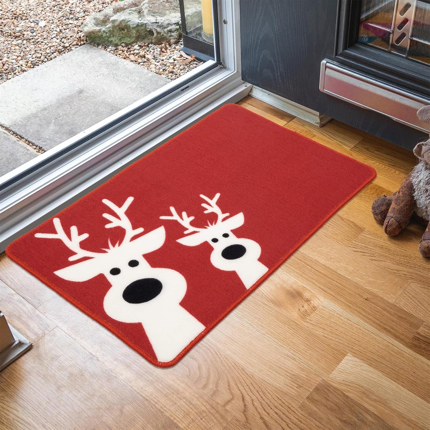 Peeking Reindeer Doormat Resist Dirt Entrance Rug Non Slip Christmas Welcome Mat Washable Xmas Doormat Entryway Front Door Merry Christmas Rug