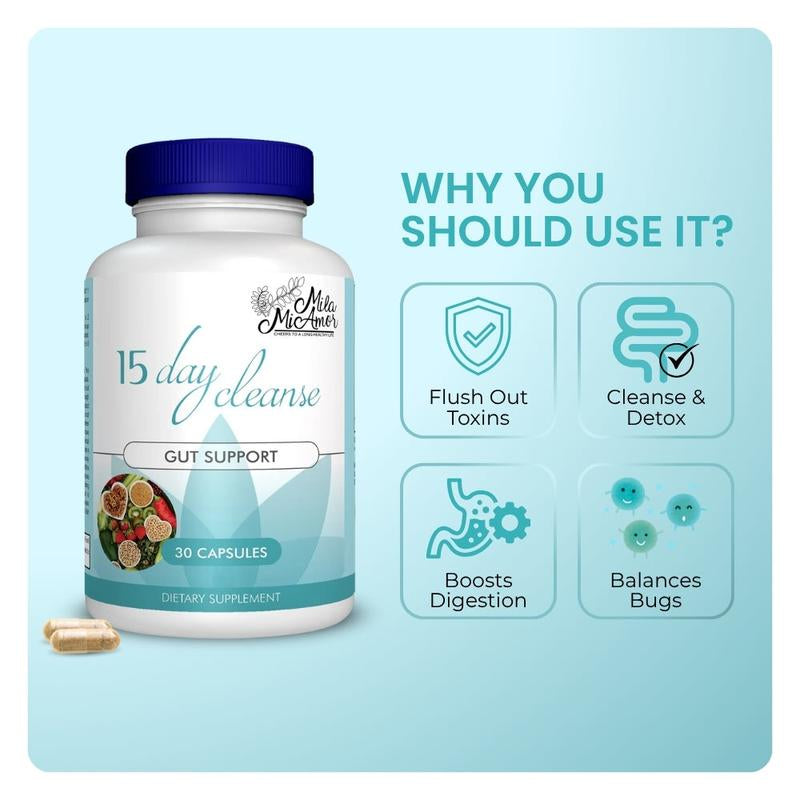 15 Day Cleanse - Gut and Colon Support | Caffeine Free | Advanced Formula with Senna, Cascara Sagrada, & Psyllium Husk | Non-Gmo | 30 Capsules